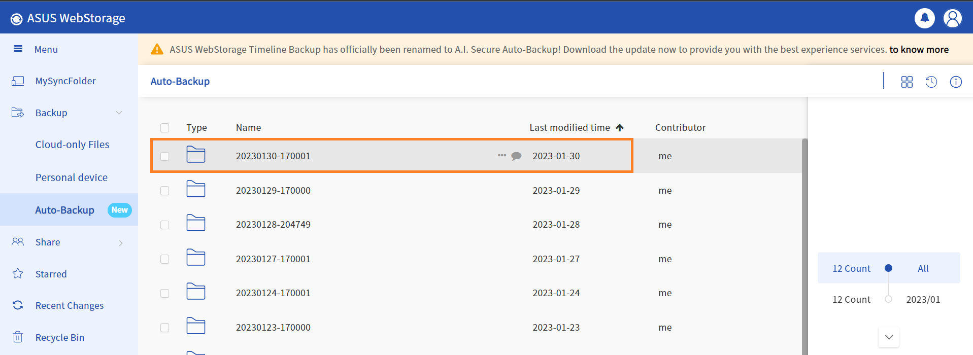 Backup folder selection